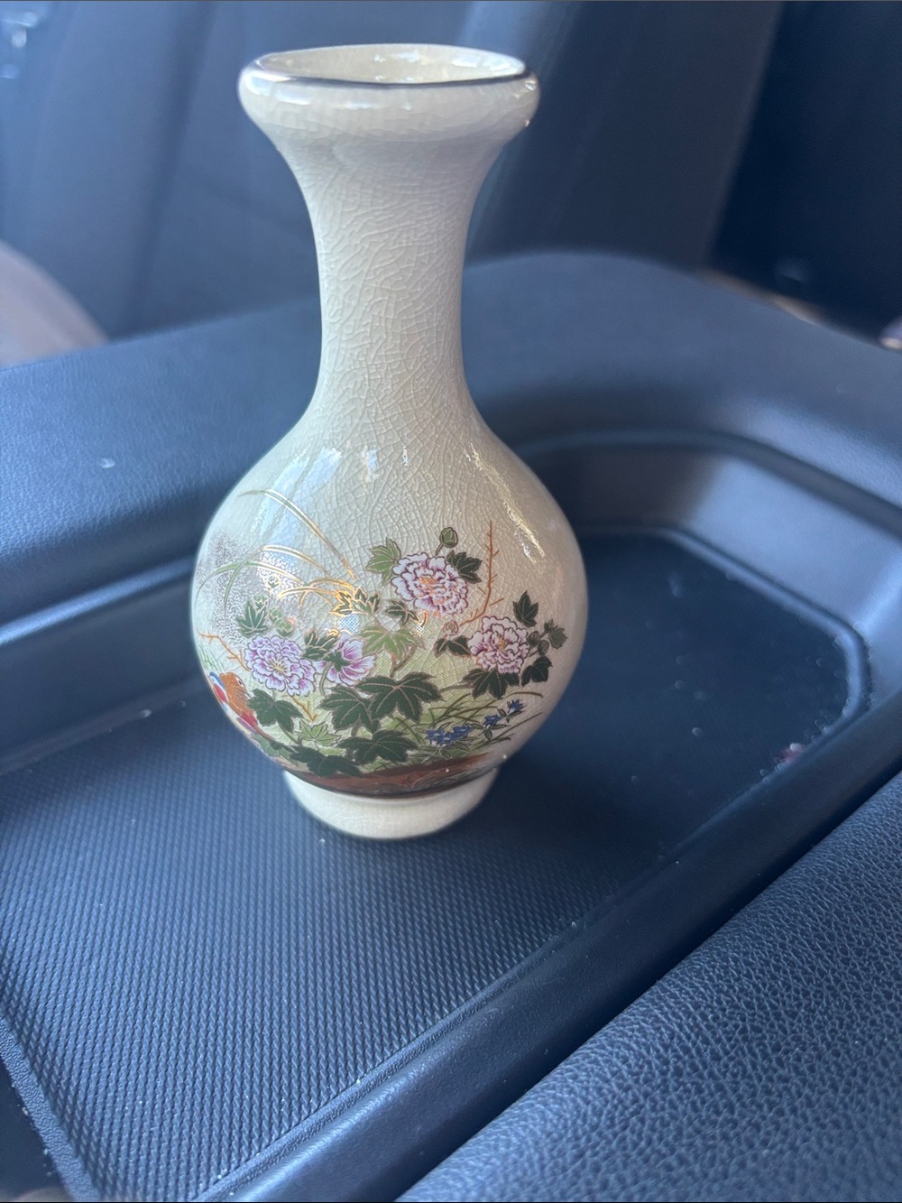 Mid-1900s Vintage Japanese Ceramic Bud Vase with Floral Motif and ducks